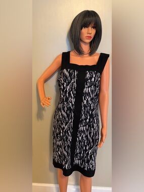 connected apparel Black & White Patterned Square-Neck Midi Dress